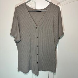 MIHOLL Waffle Knit Button Up Top Dolman Short Sleeve‎ Boho Slouchy Gray Purple S